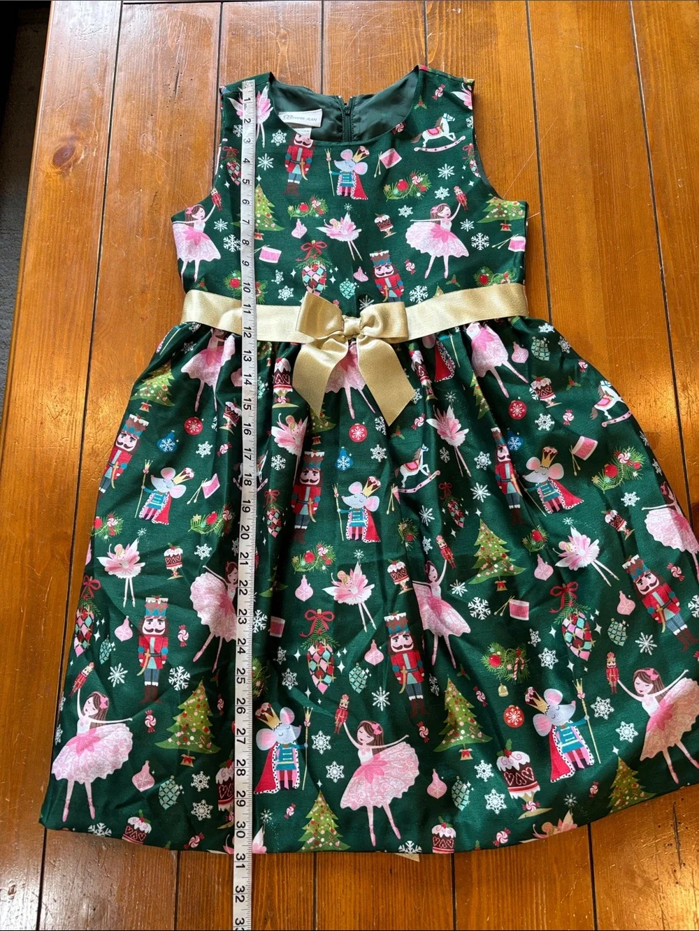 Bonnie Jean Green Nutcracker & Ballerina Holiday Dress w/ Gold Bow Girls 12 EUC
